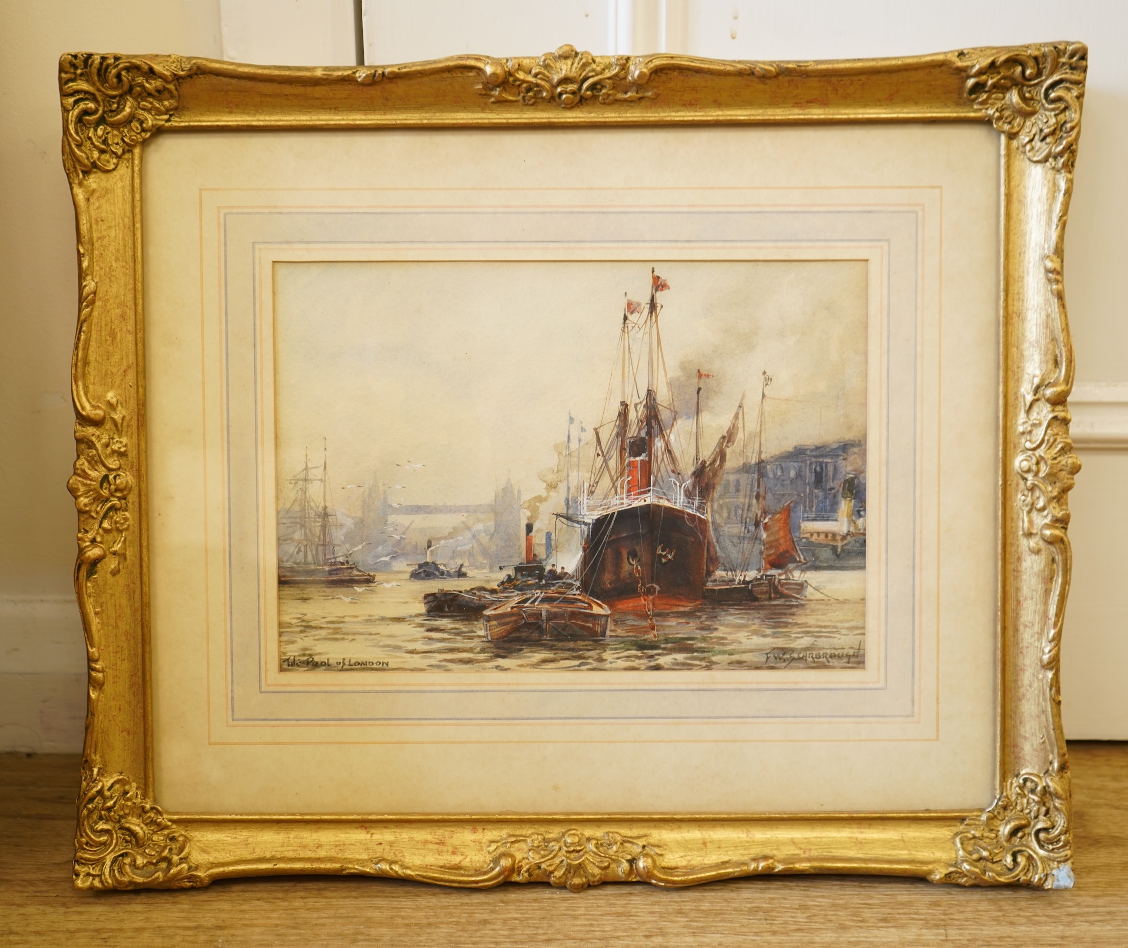 Frederick William Scarborough (1860-1939), ‘The pool of London’, signed and inscribed, watercolour, 17 x 23cm, ornate gilt frame